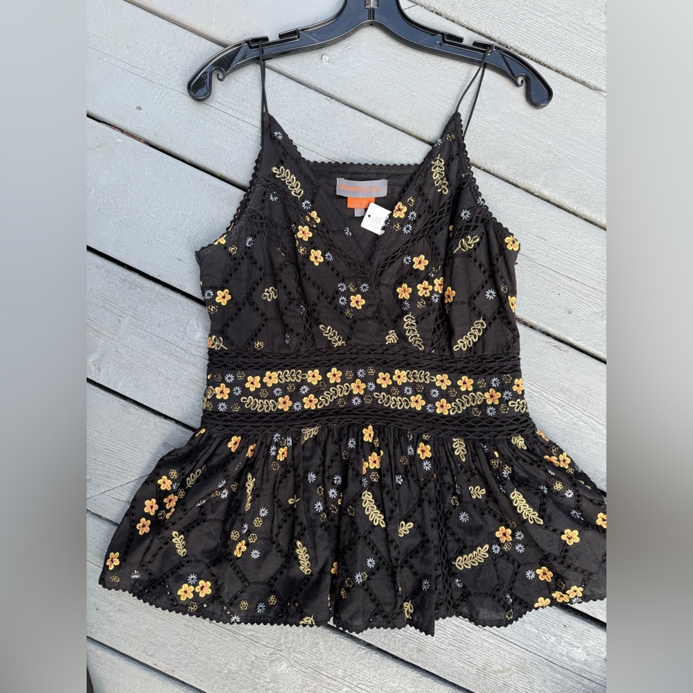 NWT Anthropologie Bhanuni Black Floral Embroidered Peplum Top S